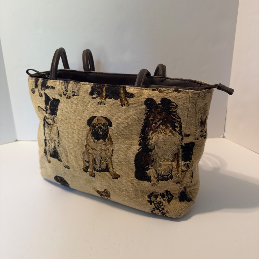 Sonoma Life Style Dog Print Tapestry Tote Bag Brown Tan Pug Collie Handbag